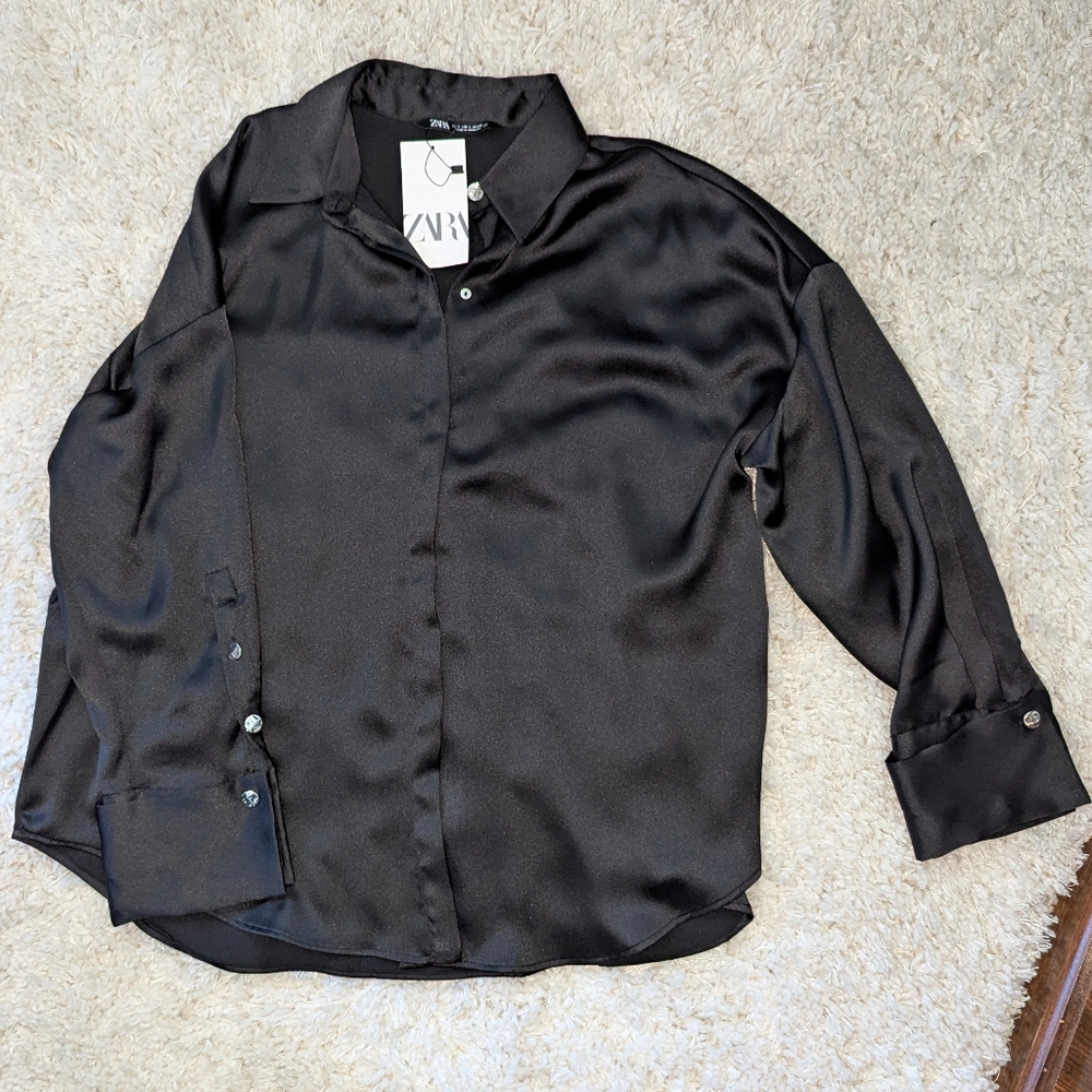 Zara Black Casual Button Down Shirt Satin Finish
